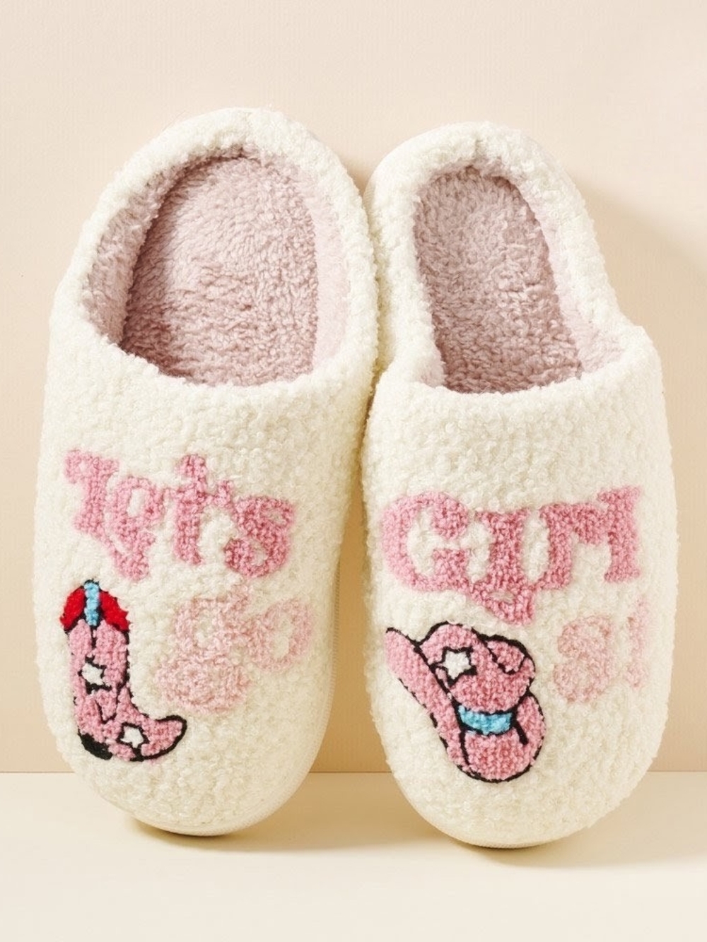 Women's Cozy Pink Cream "Let's Go girls" Sherpa Slippers